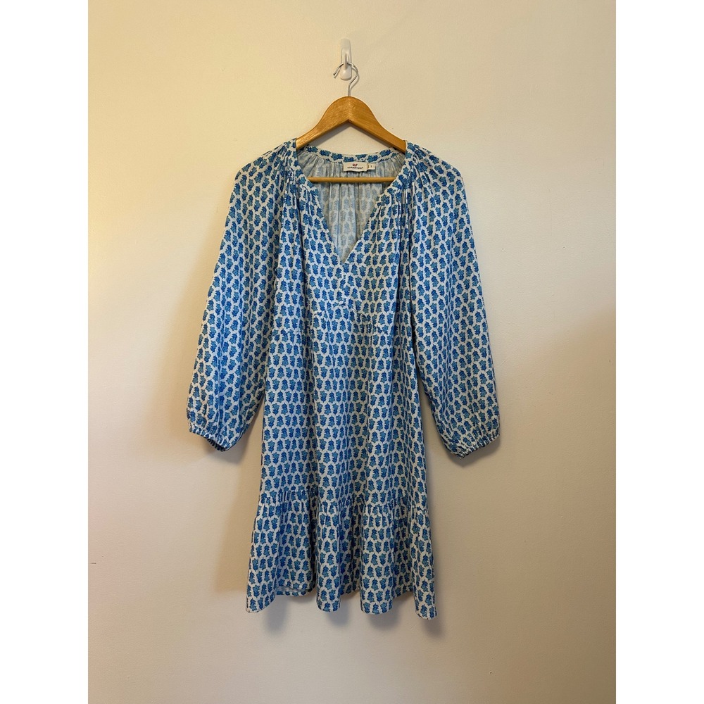 Vineyard Vines Blue Floral Block Print Cotton Tiered Mini Dress | Size Small